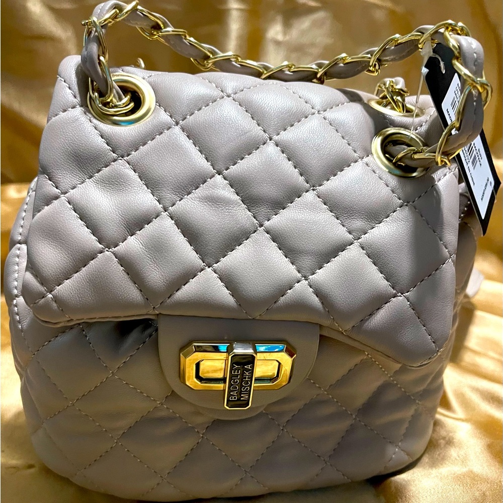 NWT Badgley Mischka vegan leather micro mini quilted backpack in buff color.